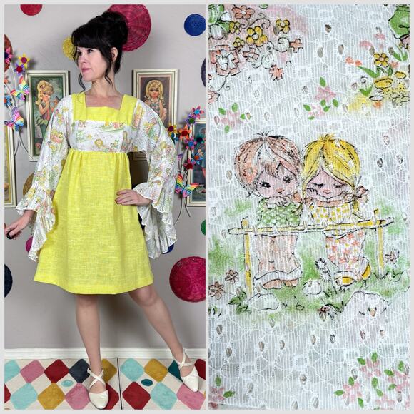 Vintage Dresses & Skirts - Vintage 1970s Yellow Novelty Print Angel Sleeve Babydoll Mini Dress